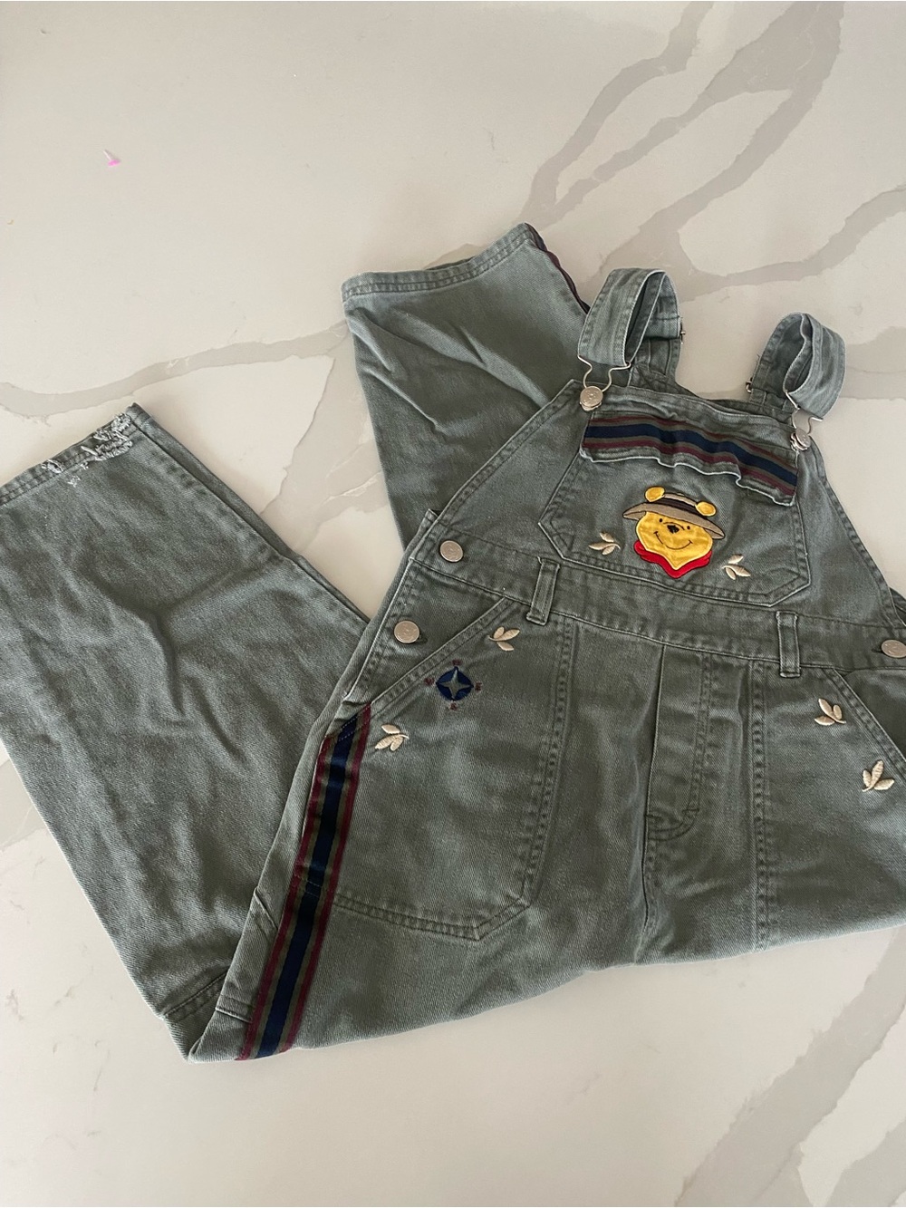 Vtg 90’s y2k Winnie the Pooh Embroidered Girls Green Denim Jumpsuit Overalls 7/8